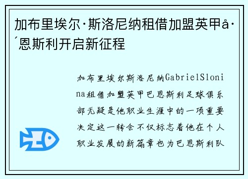 加布里埃尔·斯洛尼纳租借加盟英甲巴恩斯利开启新征程